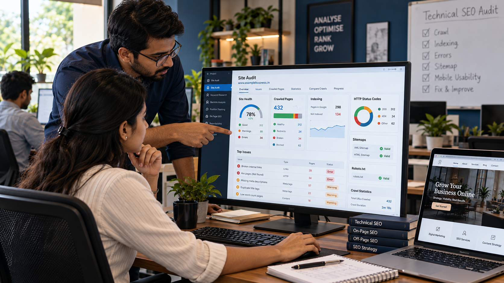 SEO expert mentoring a team member on website audits and search engine optimization in a modern office